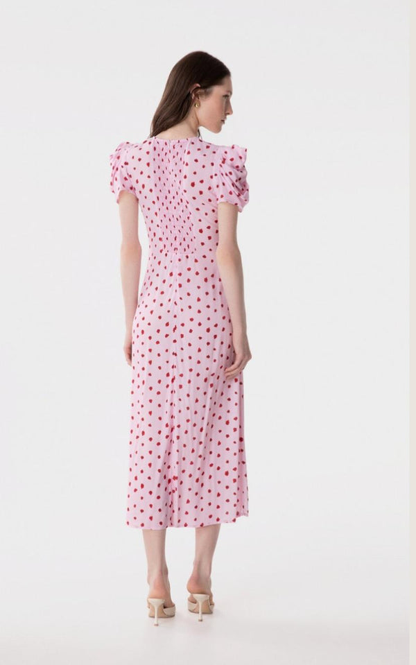 Kristel - Abito Midi Con Drappeggio E Bottoncini In Crepe Con Spacco Laterale • Rose Rosa Mar de Margaritas