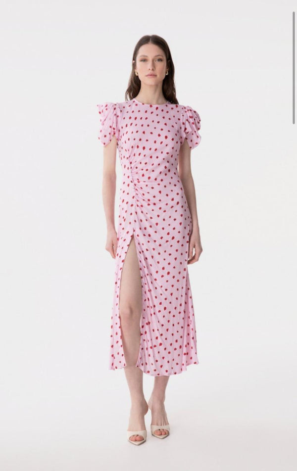 Kristel - Abito Midi Con Drappeggio E Bottoncini In Crepe Con Spacco Laterale • Rose Rosa Mar de Margaritas