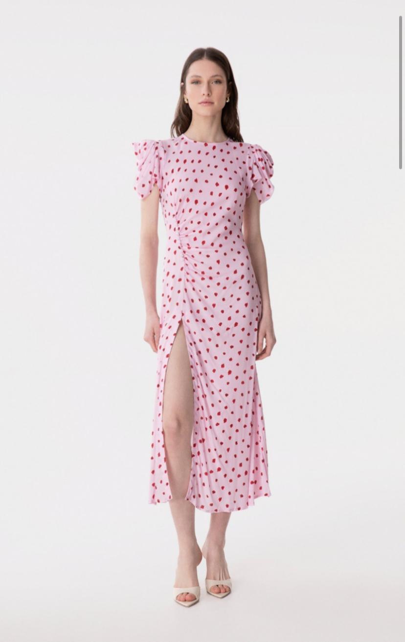Kristel - Abito Midi Con Drappeggio E Bottoncini In Crepe Con Spacco Laterale • Rose Rosa Mar de Margaritas