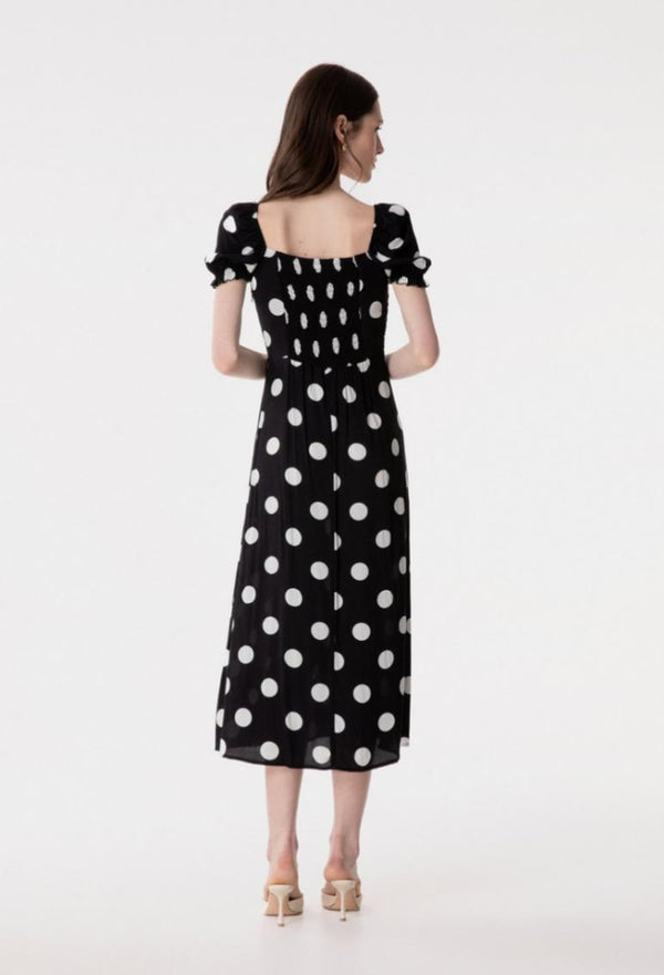 Nikita - Abito Midi A Mezza Manica Con Volant Sullo Scollo In Crepe • Pois Grande Nero Mar de Margaritas