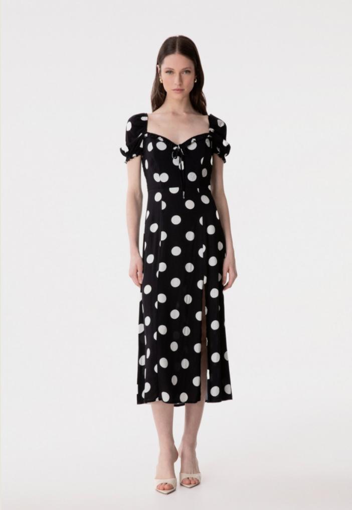 Nikita - Abito Midi A Mezza Manica Con Volant Sullo Scollo In Crepe • Pois Grande Nero Mar de Margaritas