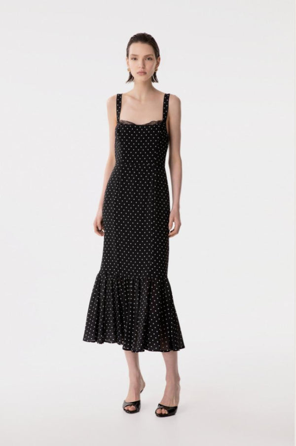 Denise - Abito Lungo In Georgette Con Spallina Larga, Scollo A Cuore E Fondo Balza Arricciata • Petitpois Nero Mar de Margaritas