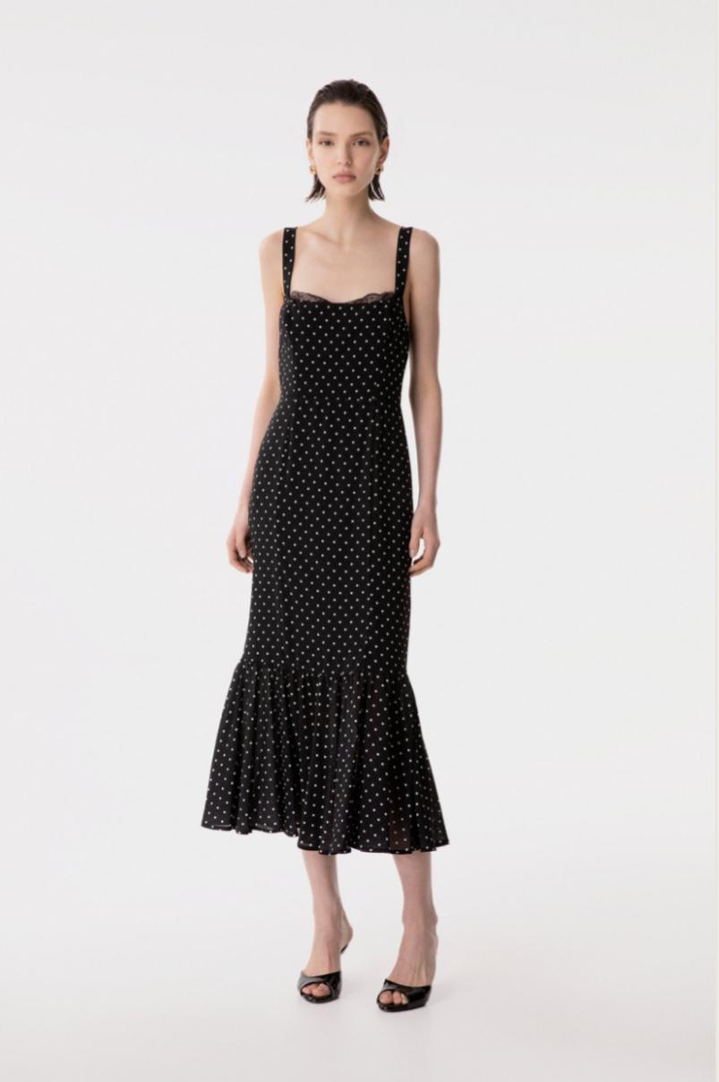 Denise - Abito Lungo In Georgette Con Spallina Larga, Scollo A Cuore E Fondo Balza Arricciata • Petitpois Nero Mar de Margaritas