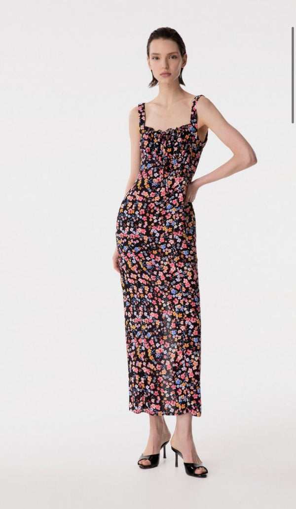 Megan - Abito Lungo Con Scollo Squadrato E Arricciature In Crepe • Bouquet Nero Mar de Margaritas