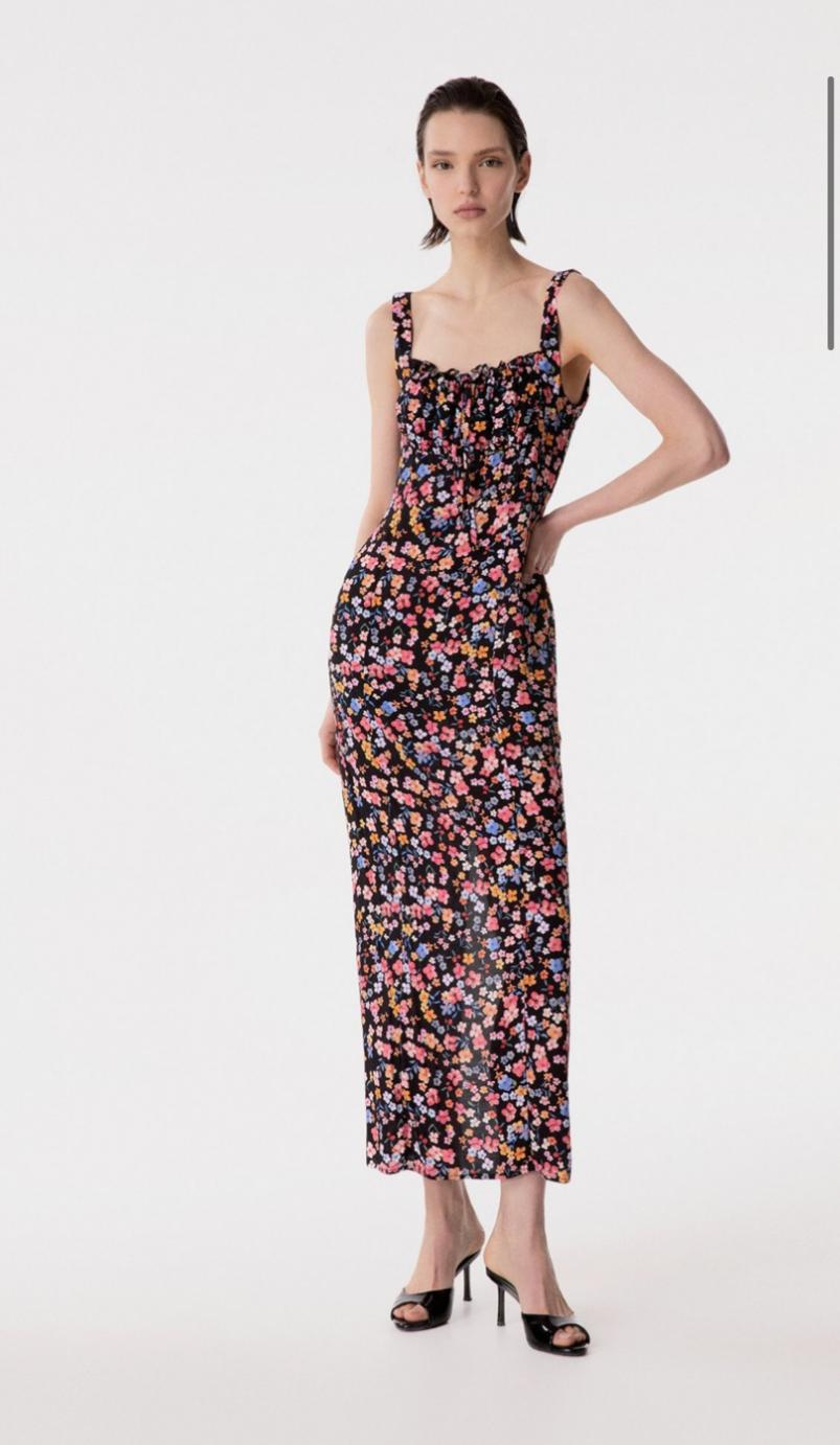 Megan - Abito Lungo Con Scollo Squadrato E Arricciature In Crepe • Bouquet Nero Mar de Margaritas