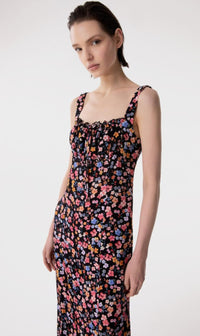 Megan - Abito Lungo Con Scollo Squadrato E Arricciature In Crepe • Bouquet Nero Mar de Margaritas