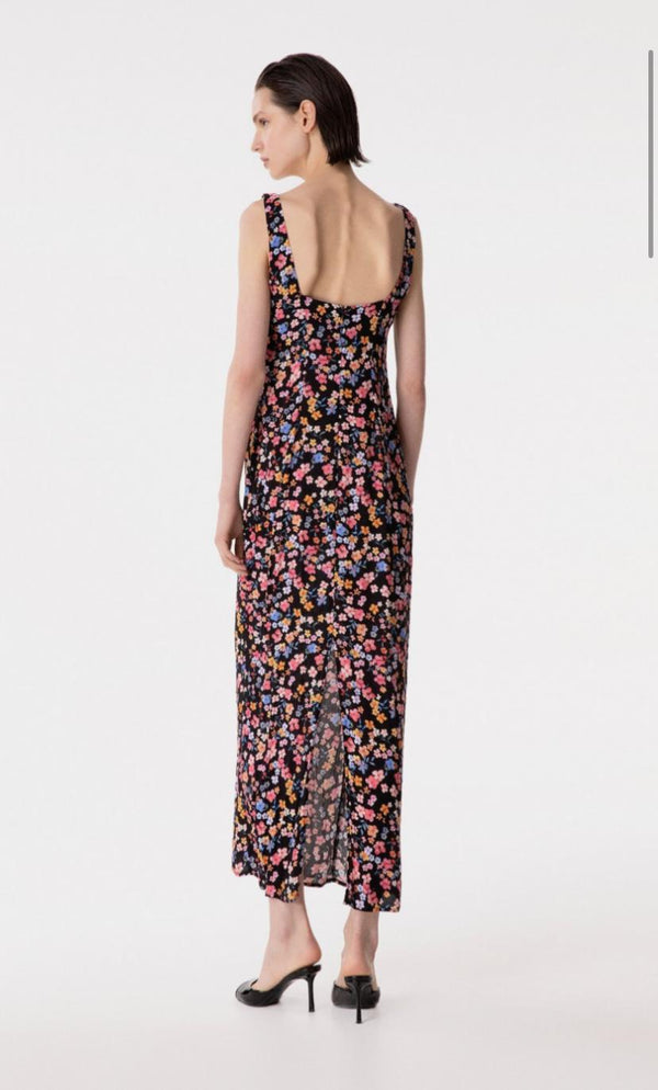 Megan - Abito Lungo Con Scollo Squadrato E Arricciature In Crepe • Bouquet Nero Mar de Margaritas